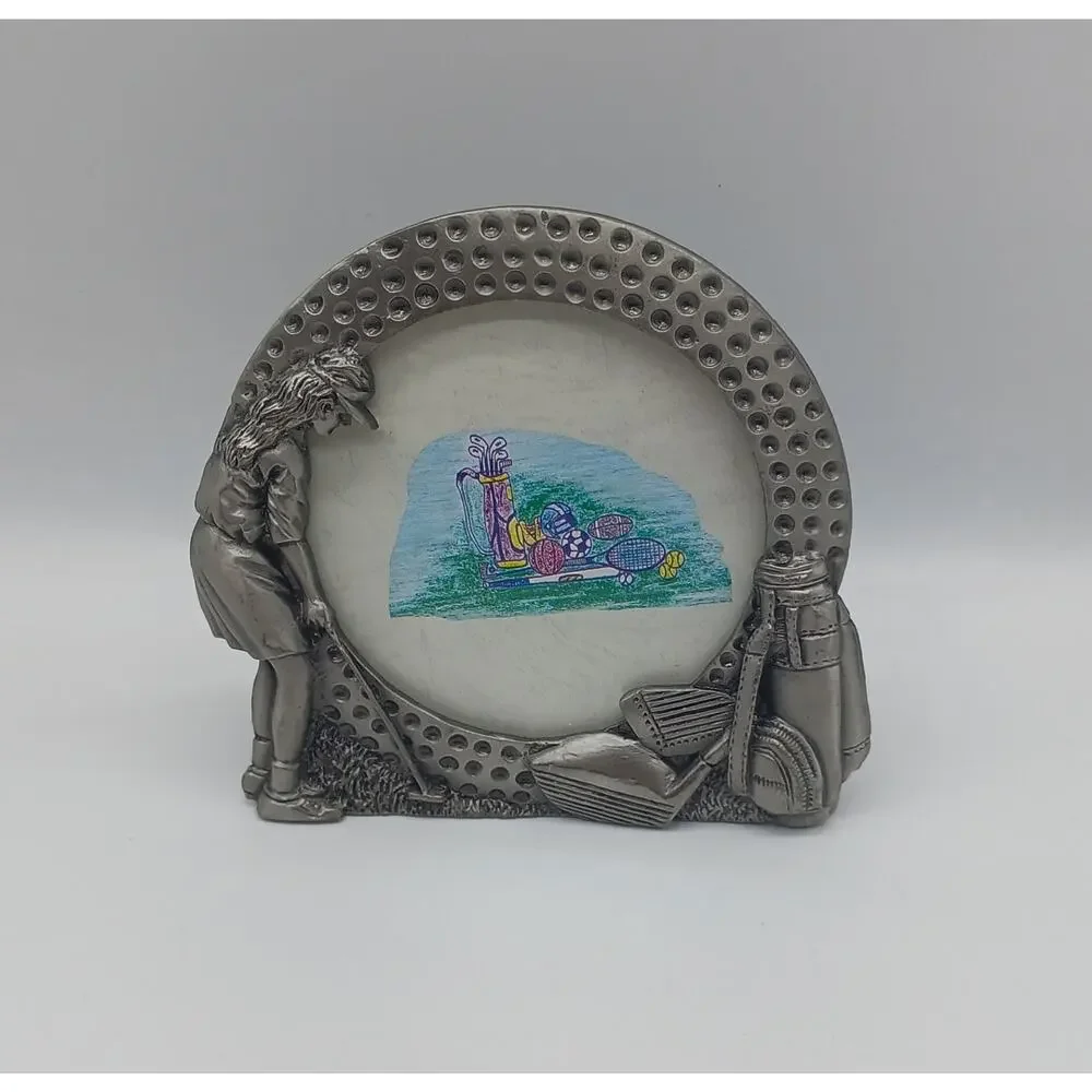 Round Golf Ball Pewter Picture Frame Figural Woman Golfing Clubs Bag Small